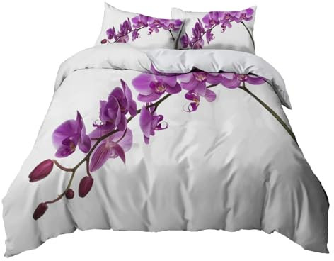 Bettwäsche 3teilig Bettbezug, Pflanze Blumen Orchidee Bettbezug 135x200 cm Mikrofaser mit Kopfkissenbezug mit Reißverschluss 80x80cm*2 Lila