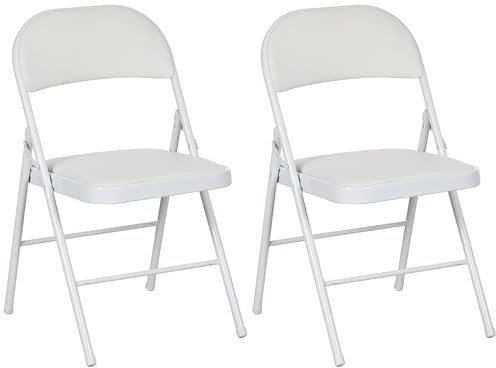 HOMCOM Padded Folding Chairs Set of 2 PU Leather Foldable Chairs with Cushioned Seat and Metal Frame for Home Office Dining Computer Desk Reception Room White