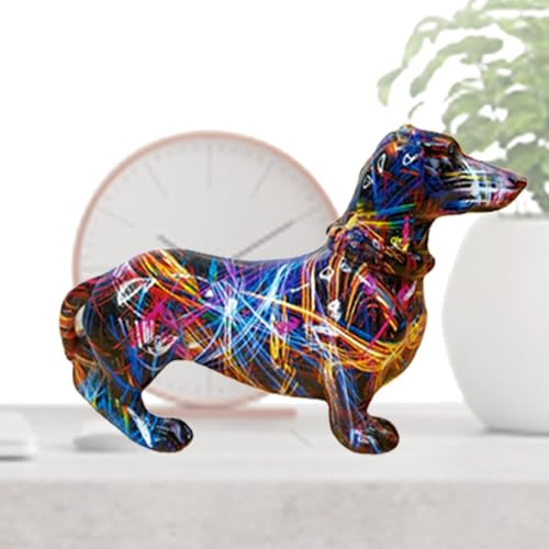 Bunte Dackel Statue, Graffiti Hund Figur | Kunstgeschenke Modern Stil für Wohnzimmer Tisch TV Schrank