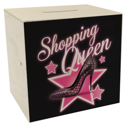Schuh mit Stern Spardose aus Holz - Shopping Queen stilvolle Spardose aus Holz für Liebhaberinnen schwarzer Hintergrund eleganter hoher Absatz - Shopping Queen