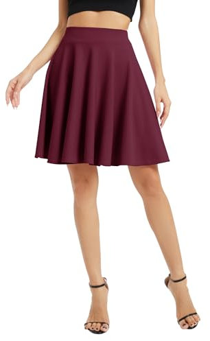 Damen Elegante Elastische Taille Ausgestellte A-Linie Midi Rock Basic Uniform Plissee Skater Röcke(XL, Weinrot)