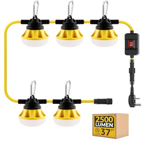 HYANGLUX Outdoor LED String Lights: 37FT 25W 2750lm Hanging Light with Switch & Replaceable Bulbs ETL Listed Bright Outside Construction Temporary Work Lighting for Shop Attic Jobsite Garage