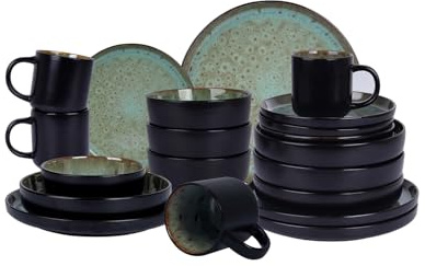 HomeVSS Ensemble de vaisselle 20 pièces - Pour 4 personnes, ensemble d'assiettes et de bols vert bulle à glaçure réactive | Ensemble de vaisselle allant au micro-ondes et au lave-vaisselle