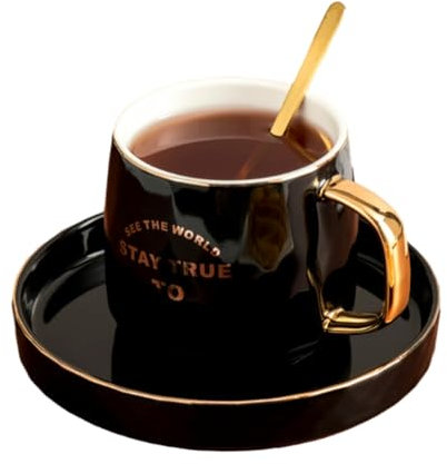 XINCXIN European Coffee Cup Set,Fine Bone China Cup and Saucer,230ml/8oz European Style Ceramic Coffee Cup and Plate Set with Spoon, Home Minimalist Golden(Black)