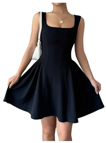 GORGLITTER Black Dress for Women A Line Sleeveless Skater Square Neck Dress | Ruffle Mini Tank Sundress, Swing Dress, Black Mini Dress for Going Out, Summer, Halloween, Date, Party