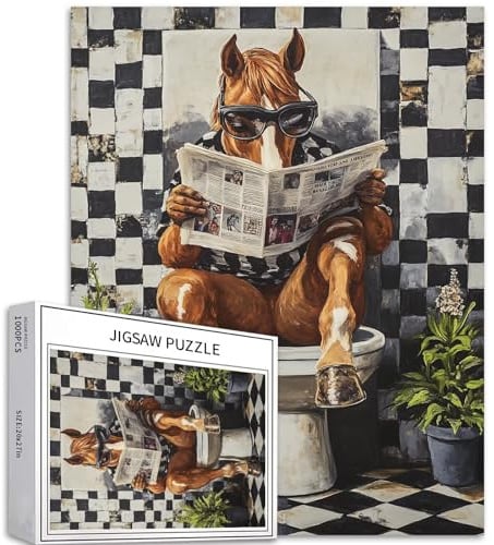 Pferd, das auf der Toilette sitzt, 1000-teiliges Puzzle für Erwachsene, niedliches und lustiges Pferdekunst-Puzzle, herausfordernde Familienaktivität-Spiele, buntes DIY-Bastelpuzzle für