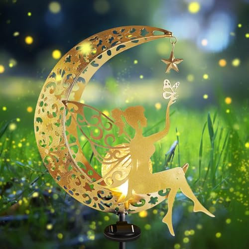 Mond Solarleuchten Garten im Freien, Solarlampe für Außen Metall Mond Solar LED Glaskugel Gartenleuchte, Elfe Wasserdichte Solarleuchte mit Erdspieß