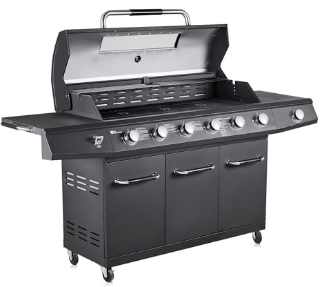 Fire Mountain Everest Pro 7 Burner Premium Gas BBQ, Outdoor Barbecue Grill, 6 Main + 1 Side Burner, Lid with Glass Window and Built-in Thermometer, Family Sized Cooking Area for Large BBQ