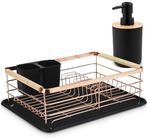 Massido Escurreplatos para Platos, 43 x 32 x 14 cm, Mango de Madera, Soporte para Cubiertos, Color Negro y Dorado