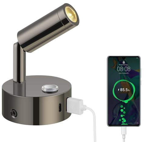 ERWEY 12V Leselampe Wohnmobil, LED Wandleuchte Bettlampe mit Schalter Touch Dimmbar 3000K-6000K,DC 12V-24V Spot Wohnmobilbeleuchtung mit USB A+C-Anschlüssen für Boot Auto Camper Van (Glanz Schwarz)