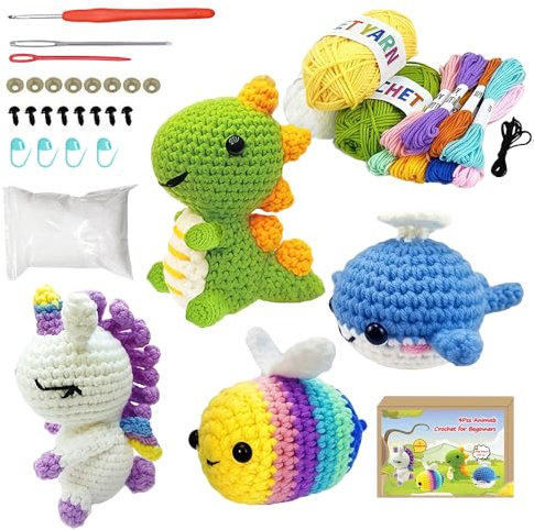 WDKXCN Häkelset für Anfänger, 4 Tiere Häkeln für Anfänger Set mit Häkelnadeln & Garn, Häkeln Kinder mit Detaillierten Video, Crochet Set für Erwachsene Kinder Geschenk (Biene,Einhorn,Dinosaurier,Wal)