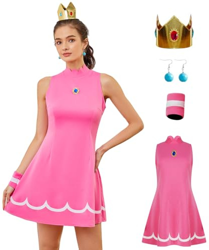 AYYOHON Prinzessin Daisy Kostüm Frauen Pfirsich Cosplay Tennis Kleid Rock Krone Ohrringe Armband Erwachsene Halloween Anzug