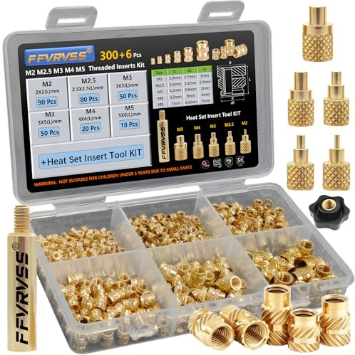FFVRVSS 300+6Pcs M2 M2.5 M3 M4 M5 Premium Brass Threaded Inserts, Metric Brass Knurled Nuts Assortment Kit, with Heat Set Insert Tool, for Plastic and 3D Printing Components, All-in-one Solutions