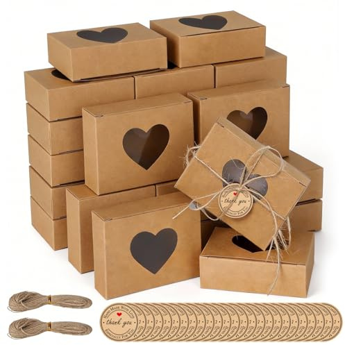QingWing 25 Stück Kraftpapierboxen Mit Klarem Fenster, 9 x 6 x 3 cm Kraftpapier Gebäckkarton, Geschenkbox Kraftpapier mit 25 Anhänger und 2 Hanfseile für Cookies Verpackung (Braun)
