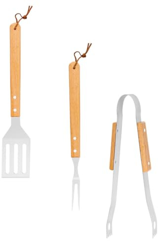 MAGICLULU Kit D’ustensiles pour Barbecue 3 Pièces en Acier Inoxydable Manches en Bois de Chêne, Livré Paquet de Rangement Oxford Kaki, Accessoires pour Grillades en Extérieur Cuisine