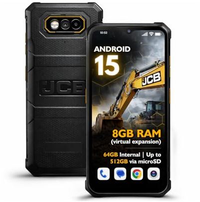 JCB Toughphone E10 Rugged Smartphone, 6.6-inch HD+ Display, 6,500mAh Battery, 50MP Camera, Dual SIM 4G LTE, NFC, Android 15, Waterproof & Shockproof Tough Work Phone, SIM Free – Black