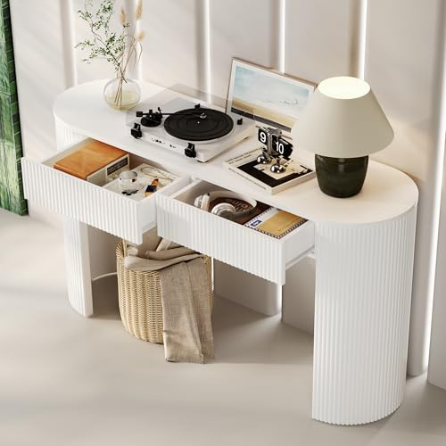 VIVCA Tavolo consolle elegante con cassetti per l'ingresso, mobile con frontale curvo e piedini regolabili, tavolo consolle stretto per ingresso, corridoio o soggiorno (Bianco).