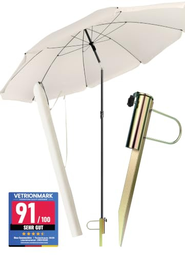 4smile Sonnenschirm Strand 3-IN-1 SET mit Rasendorn, Ø 180 cm, Beige | Strandschirm windfest stabil + Rasendorn Sonnenschirmhalter + Schirmhülle - UV-Schutz 50+, Schirmspieß Garten