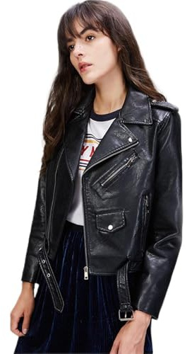 LY VAREY LIN Women's Faux Leather Motorcycle Jacket PU Slim Short Biker Coat (XL, Black)