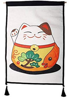 lachineuse - Panneau Mural Japonais Maneki Neko - Décoration Japonaise à Suspendre - 65 x 45 cm - Chat Japonais Kawai - Lucky Cat - Tableau Mur Panneau - Coloris Blanc - Idée Cadeau Japon Asie