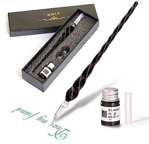 Pluma De Cristal,Glass Dip Pen Set, Pluma Dip de cristal para dibujo,escritura y caligrafía, con caja de regalo (black)