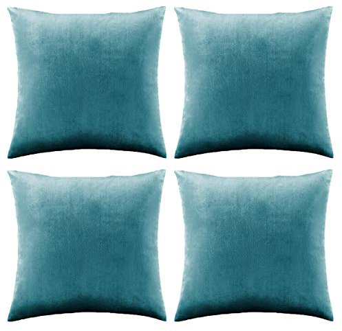 GIGIZAZA Samt Kissenbezug 50x50 cm Kissenbezüge Dekokissen Kissenhülle für Sofa Wohnzimmer Schlafzimmer Blaugrün 4er Pack