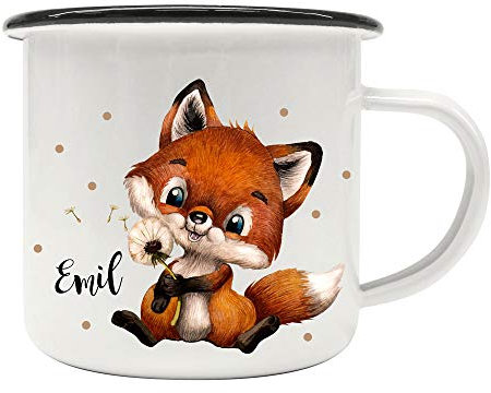 Emaille Becher Camping Tasse Motiv Fuchs Füchschen Pusteblume Punkte & Wunschname Name Kaffeetasse Geschenk eb493 - ausgewählte Farbe: *Silberner Becherrand*