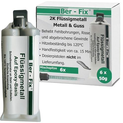 Ber-Fix Flüssigmetall 6x 50g, hitzebeständig, 2 Komponenten Kleber, Metallkleber, Metallspachtel, Kaltmetall, 120°C