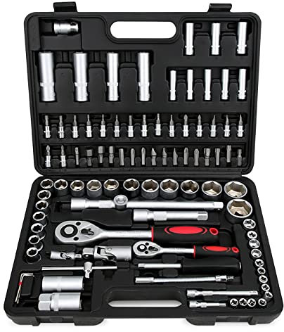 Steckschlüsselsatz, 94-teilig, Buchsen und Ratschen aus Chrom-Vanadium-Stahl, mit Umschaltknarre, Ratsche, Steckschlüssel- und Zündkerzeneinsatz, Verlängerungsstange, Mechanischer Werkzeugsatz