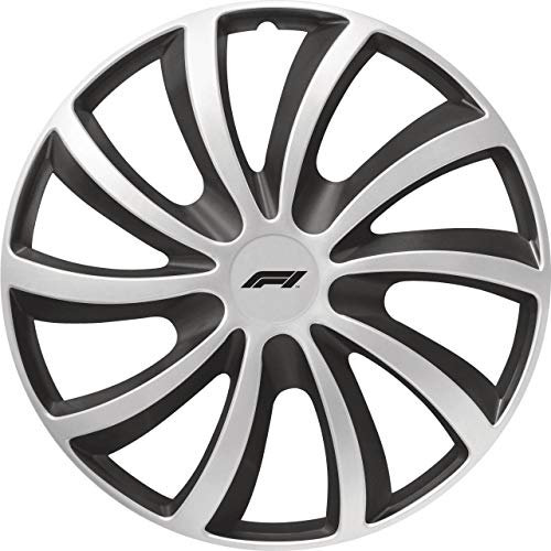 Formula 1 Radzierblenden, Radkappen, 16 Zoll (40,6 cm), Schwarz/Silber, 4 Stück, 3-fach lackiert, mit mit Haltering, im sportlichen Look