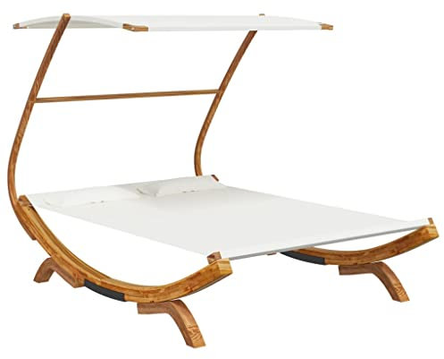 vidaXL Bugholz Loungebett mit Dach Sonnenbett Gartenliege Lounge Outdoor Bett Hängematte Sonnenliege 165x203x138cm Massivholz Creme