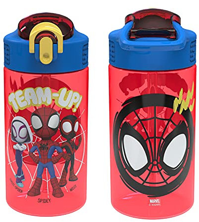Zak Designs Marvel Spider-Man Kids Water Bottle with Spout Cover and Carrying Loop, Durable Plastic, Leak-Proof Design for Travel (16 oz, 2-Pack, Spidey and His Amazing Friends)
