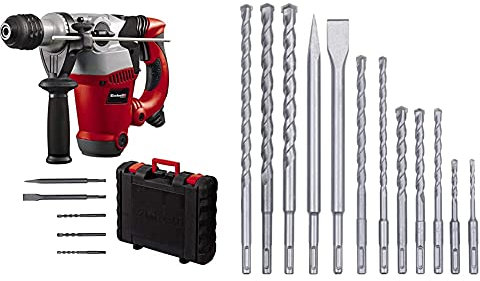 Einhell Bohrhammer RT-RH 32 (Bohren, Hammerbohren, Meißeln m. Meißelfixierung, Pneumatisches Schlagwerk, SDS-plus, inkl. 3 Bohrer, Spitz-/Flachmeißel, Koffer, 12-tlg. SDS-Plus Hammer Meißel-Set)