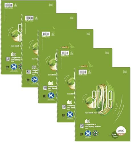 Staufen Ursus Style Collegeblock, 5 Stück, DIN A4, Lineatur DOTTED, 80 Blatt, 4-fach Lochung, premiumweißes 70g/m² Recyclingpapier, Green