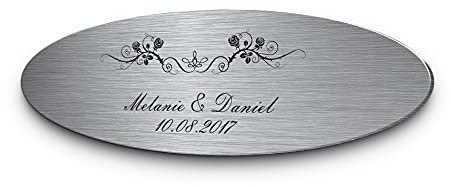 Hochzeitsschild aus Edelstahl oval mit Namen oder Spruch & Rosen | Wetterfest mit vielen Motiven zB für Hochzeitsbank | Goldene Hochzeit Geschenke zur Silberhochzeit Just Married
