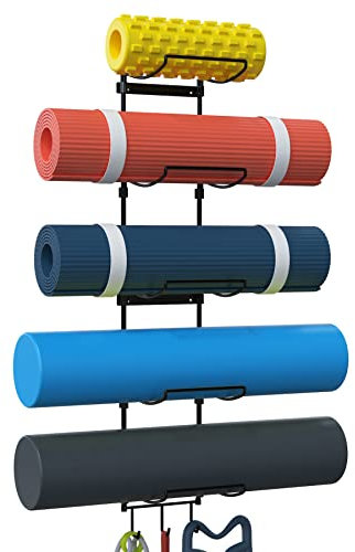 Yoga Mat Holder Wall Mount, Wall Rack Organizer, Storage Foam Roller and Block, with 5 Sectional and 3 Hooks for Hanging Yoga Strap, Resistance Bands at Fitness Class or Home Gym, Decor(Black)