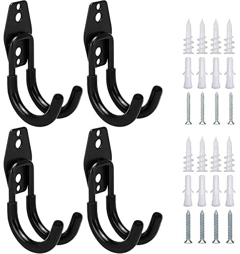 CODIRATO 4 PCS Crochet Garage Mural en Fer Crochet de Rangement Robuste Double Crochets Utilitaires avec 4 Vis 4 Accessoires Crochet de Vélo Mural Suspendu pour Garage, Cave à Vin, Jardin, Sous-sol