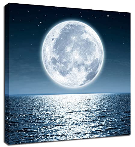 Hai dou ya Moon Decor Framed Wall Art - Moonrise at Sea Ocean Framed Pictures for Living RoomDecor Office Modern Seascape Poster Nature Print Ready to Hang Bedroom Bathroom Artwork 12x12inch, Blue