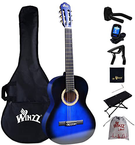 Winzz 4/4 Guitarra Clásica Set para Principiante - Kit de Guitarra Española de 39 Pulgadas con Cuerdas de Nylon para Adultos, Niños Más de 12 Años, Azul
