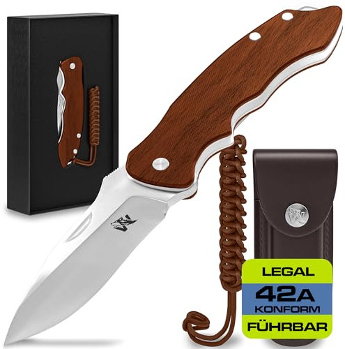Wolfgangs FEROX Zweihandmesser Klappmesser aus feinstem D2 Stahl und Ebenholz-Griff - Legale mitführbares Taschenmesser Klappmesser - Outdoor Survival Messer - Klappmesser Outdoor + Leder Holster