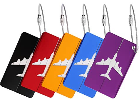 5 Stücke Kofferanhänger Aluminium, Gepäckanhänger aus Metall mit Edelstahlschnur, Kofferanhänger mit Adressschild Luggage Tags für Gepäck, Rucksäcke, Reisen (5 Farben)