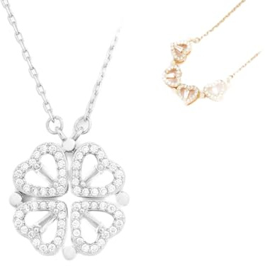 HPKJUYDS Lucky Heart Sterling Silver 2-in-1 Wearing Lucky Four Leaf Clover Heart Shape Necklace, Dainty Charm Clavicle Chain Pendant Gift for Women Girl