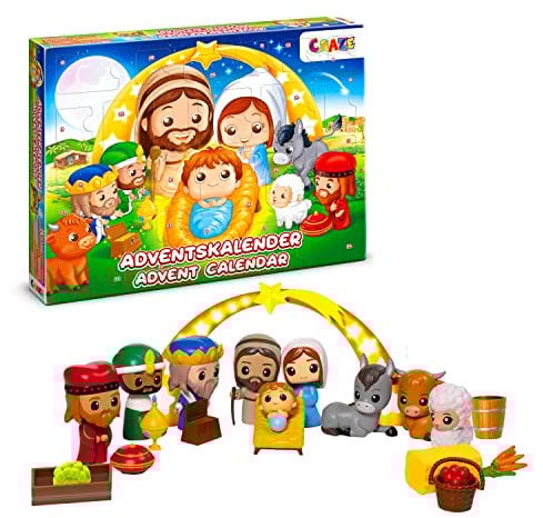 CRAZE Adventskalender Kinder - Weihnachtskrippe Krippenspiel - Spielkrippe Kinder mit Spielfiguren Set, Spielzeug Adventskalender ab 3 Jahre