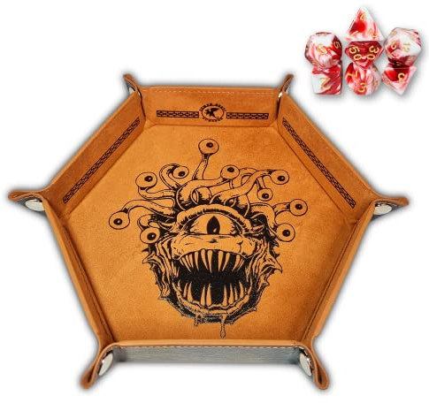 Power Beast Dungeon Würfelteller Beholder, Würfelunterlage, Würfelschale, Würfelbrett, Würfelmatte, Kunstleder + 7 Rollenspiel Würfel, Mit Polyedrische Würfel Set, Dungeons and Dragons, D&D.