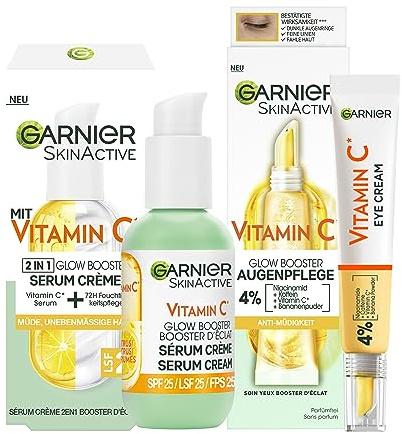 Garnier Vitamin C Glow Booster Set mit Anti-Müdigkeits Augenpflege und Serum Crème, Für eine strahlende und ebenmäßige Haut und zur Milderung von Müdigkeitsanzeichen, SkinActive, 2-teilig