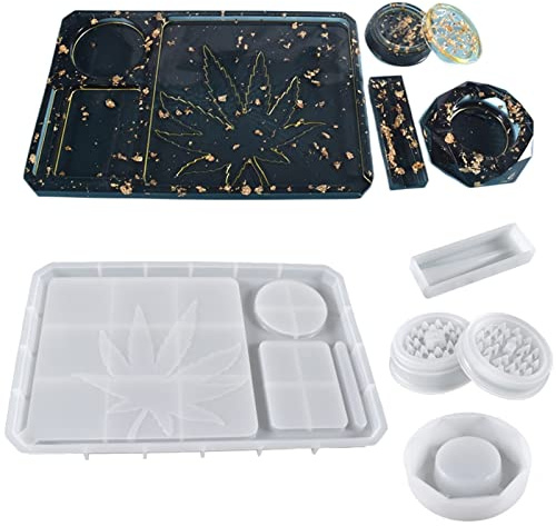 5 Piece Silicone Molds - Large Rolling Ashtray and Resin Grinder Mold with Efficient Spikes and Storage