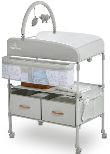 BabyBond Tragbare Wickelkommode mit 2 Aufbewahrungskörben, faltbar, wasserdicht, Wickeltisch, höhenverstellbar, für Säuglinge und Neugeborene (Beige)