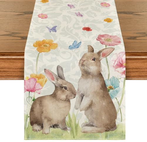Artoid Mode Blumen Ölgemälde-Stil Kaninchen Ostern Tischläufer, Frühling Küche Tisch Dekoration Drinnen Urlaub Party Dekor 40x140 cm