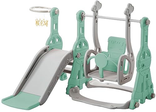 BTM 4-in-1 Children's Slide with Basketball Stand, Climbing Ladder, Swing, Garden Slide for Indoor and Outdoor Use