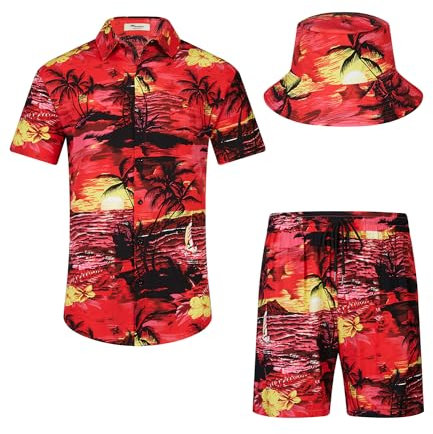 SPKPKEY Men's 2 Piece Casual Palm Tree Hawaiian Shirt and Shorts Matching Vacation Outfits Sets with Bucket Hats Red X-Large